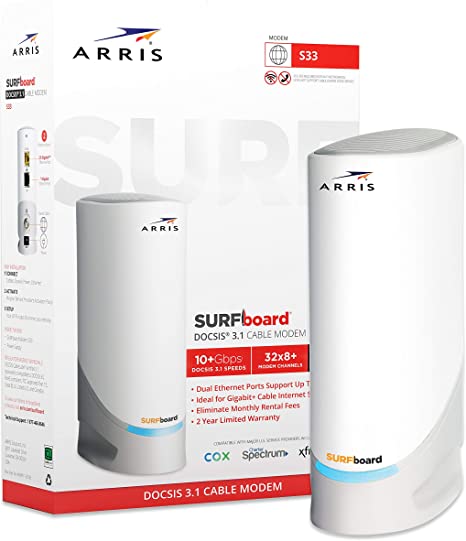 Photo 1 of ARRIS Surfboard S33 DOCSIS 3.1 Multi-Gigabit Cable Modem with 2.5 Gbps Ethernet Port, Approved for Cox, Xfinity, Spectrum & Others. NEW IN BOX.
