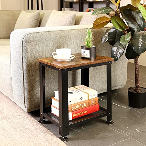Photo 2 of 2-Tier End Table, Industrial Side Table Nightstand with Durable Metal Frame, Coffee Table with Mesh Shelves for Living Room, Coffee Bar, Rustic Brown and Black (Black). OPEN BOX.
