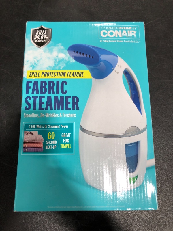 Photo 3 of Conair CompleteSteam 1100 Watt Handheld Fabric Steamer, White/Blue. PRIOR USE.
