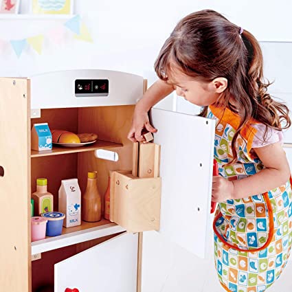 Photo 2 of Hape Gourmet Kitchen Wooden Fridge | Cabinet Style Refrigerator Fridge Freezer with Ice Dispenser, Unique Toy Kitchen Playset for Kids Red, 14.1 x 11.6 x 29.1 inches. OPEN BOX. 
