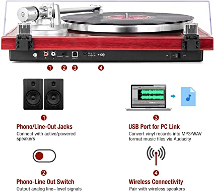 Photo 2 of 1 BY ONE Belt Drive Turntable with Bluetooth Connectivity, Built-in Phono Pre-amp, USB Digital Output Vinyl Stereo Record Player with Magnetic Cartridge, 33 or 45 RPM. PRIOR USE. 
