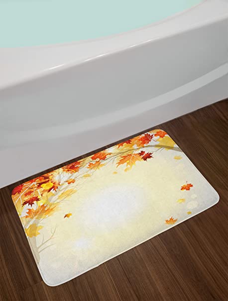 Photo 2 of Ambesonne Fall Bath Mat, Soft Image of Faded Shedding Fall Leaves from Tree Motion in Nature Concept Print, Plush Bathroom Decor Mat with Non Slip Backing, 29.5" X 17.5", Orange Yellow
