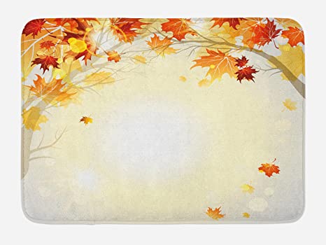 Photo 1 of Ambesonne Fall Bath Mat, Soft Image of Faded Shedding Fall Leaves from Tree Motion in Nature Concept Print, Plush Bathroom Decor Mat with Non Slip Backing, 29.5" X 17.5", Orange Yellow
