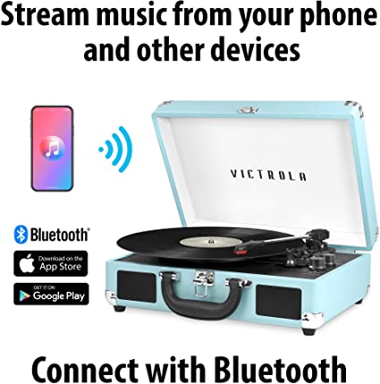 Photo 1 of Victrola Vintage 3-Speed Bluetooth Portable Suitcase Record Player with Built-in Speakers | Upgraded Turntable Audio Sound| Includes Extra Stylus | Turquoise, Model Number: VSC-550BT

