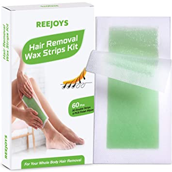 Photo 1 of Reejoys Hair Removal Strips for Face Legs Underarms Brazilian Bikini Women Men, Waxing Strips with 60 Count Double Size Cold Wax Strips and 6 Post Cleaning Wipes
