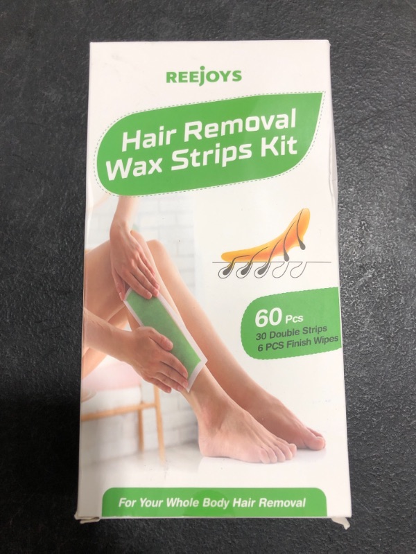 Photo 3 of Reejoys Hair Removal Strips for Face Legs Underarms Brazilian Bikini Women Men, Waxing Strips with 60 Count Double Size Cold Wax Strips and 6 Post Cleaning Wipes
