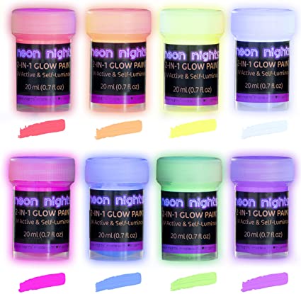 Photo 1 of Neon Nights Glow-in-the-Dark Paint - Multi-Surface Acrylic Paints for Outdoor and Indoor Use on Canvas & Walls - Gifts for Artists - 2-in-1 UV/Blacklight Activated and Self-Luminous - 8 Pack, 20 mL
