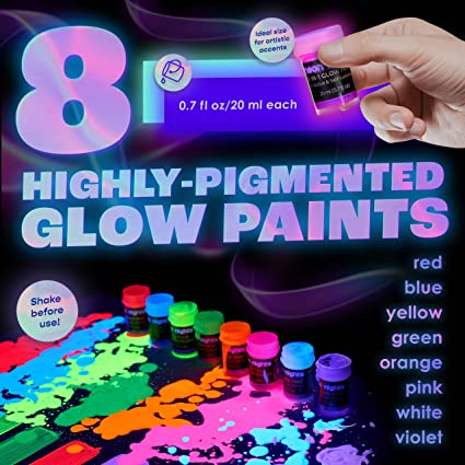 Photo 2 of Neon Nights Glow-in-the-Dark Paint - Multi-Surface Acrylic Paints for Outdoor and Indoor Use on Canvas & Walls - Gifts for Artists - 2-in-1 UV/Blacklight Activated and Self-Luminous - 8 Pack, 20 mL
