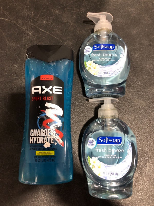 Photo 3 of AXE Body Wash Charge and Hydrate Sports Blast Energizing Citrus Scent Men's Body Wash 100 percent Recycled Bottle 16 oz & Softsoap Hand Soap Fresh Breeze - 7.5 oz, Pack of 2. LOT OF 3 ITEMS.

