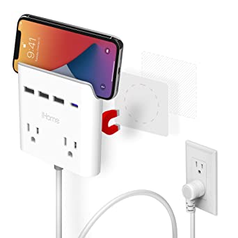 Photo 1 of iHome Power Reach Multiple Plug Outlet Extender with 2 Outlets, 4-Port USB Wall Charger (1 USB C, 3X USB A), 6 Ft Extension Cord and Magnetic Wall Mount, White
