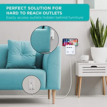 Photo 1 of iHome Power Reach Multiple Plug Outlet Extender with 2 Outlets, 4-Port USB Wall Charger (1 USB C, 3X USB A), 6 Ft Extension Cord and Magnetic Wall Mount, White
