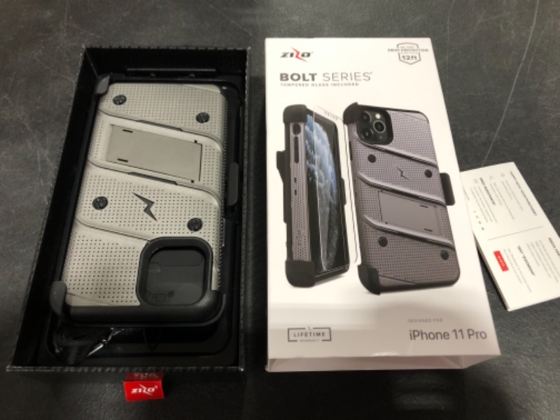 Photo 3 of ZIZO Bolt Series iPhone 11 Pro Case - Heavy-Duty Military-Grade Drop Protection w/Kickstand Included Belt Clip Holster Tempered Glass Lanyard - Gun Metal Gray
