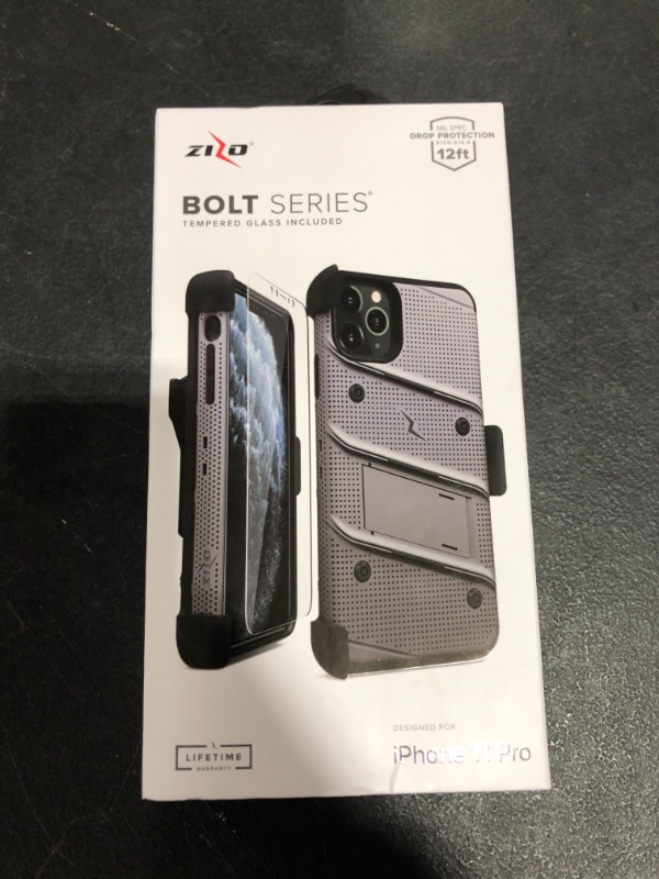 Photo 5 of ZIZO Bolt Series iPhone 11 Pro Case - Heavy-Duty Military-Grade Drop Protection w/Kickstand Included Belt Clip Holster Tempered Glass Lanyard - Gun Metal Gray
