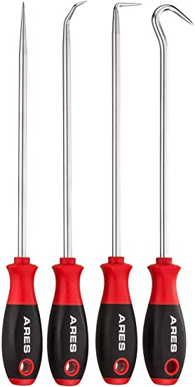 Photo 1 of ARES 70246-4-Piece Hook and Pick Set - Includes a Large Straight Pick, 90 Degree Pick, Combination Pick and a Hook Pick - Chrome Vanadium Steel Shafts - Easily Remove Hoses, Gaskets and More
