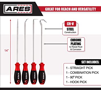 Photo 2 of ARES 70246-4-Piece Hook and Pick Set - Includes a Large Straight Pick, 90 Degree Pick, Combination Pick and a Hook Pick - Chrome Vanadium Steel Shafts - Easily Remove Hoses, Gaskets and More
