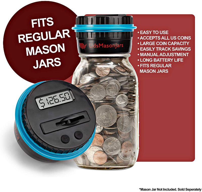 Photo 1 of LidsMasonJars-Digital Coin Bank-Piggy Bank for Adult-only Fits Regular Mason Jars-Slotted Lid Counting Coins-2-AAA Batteries and Jar Not Included.
