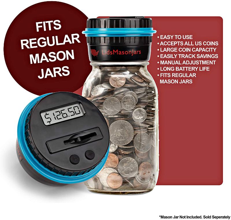 Photo 2 of LidsMasonJars-Digital Coin Bank-Piggy Bank for Adult-only Fits Regular Mason Jars-Slotted Lid Counting Coins-2-AAA Batteries and Jar Not Included.
