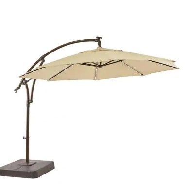 Photo 1 of 11 ft. Aluminum Cantilever Solar LED Offset Outdoor Patio Umbrella in Putty Beige
