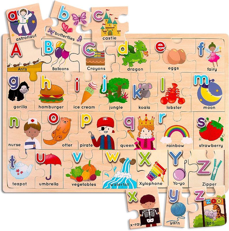 Photo 1 of Wooden Alphabet Puzzle for Kids - Big 17x12 ABC Puzzles, Matching Uppercase & Lowercase Letters, ABC Learning for Toddlers, Preschool Learning Games Ages 3+ Educational Toys for Toddlers (PACK OF 4)
