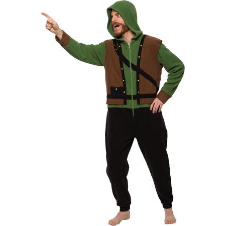 Photo 1 of FUNZIEZ! Robin Hood Unisex Adult Costume Pajamas - One Piece Novelty Cosplay Zip-up Jumpsuit (Green Small)
