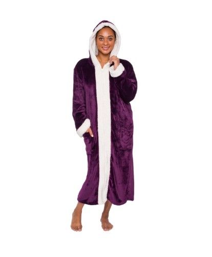 Photo 1 of Silver Lilly Womens Zippered Sherpa Trim Fleece Robe with Hood - Warm Plush Luxury Bathrobe (Dark Purple 2X-Large)
