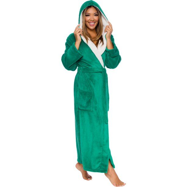 Photo 1 of Silver Lilly Womens Sherpa Trim Fleece Robe with Hood - Full Length Warm Plush Luxury Bathrobe (Emerald Green, XX-Large)