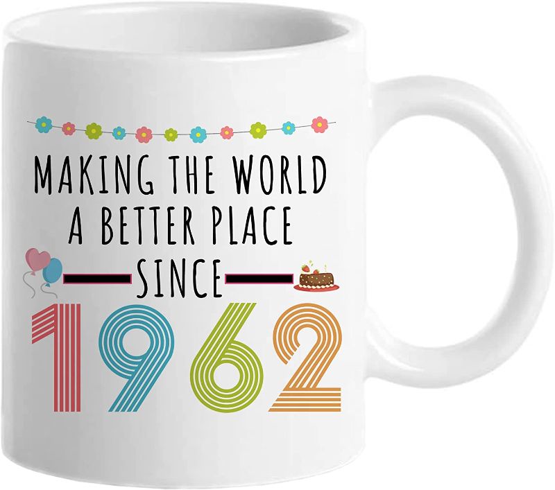 Photo 1 of 60th Birthday Gifts for Women, Funny 60 Year Old Gift Coffee Mug, 1962 60th Birthday Mugs for Her, Mom, Aunt, Wife, Sister, Grandma, Friend, 11 oz Tea Cup Making The World a Better Place Since 1962
