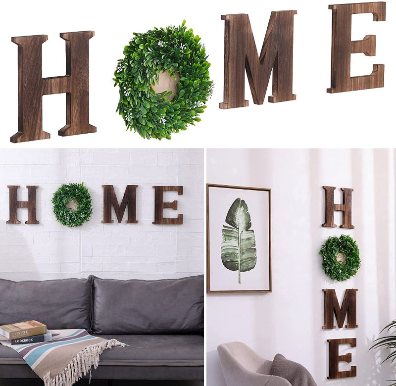 Photo 1 of Wall Hanging Home Sign with Wreath,Rustic Wooden Home Hanging Wall Letters Signs, Farmhouse Wall Art Home Sign Decor for Living Room Bedroom.(Brown)
