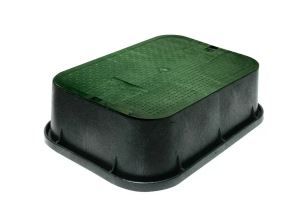 Photo 1 of 13 in. X 20 in. Jumbo Rectangular Standard Series Valve Box Extension and Cover, Black Extension, Green ICV Cover

