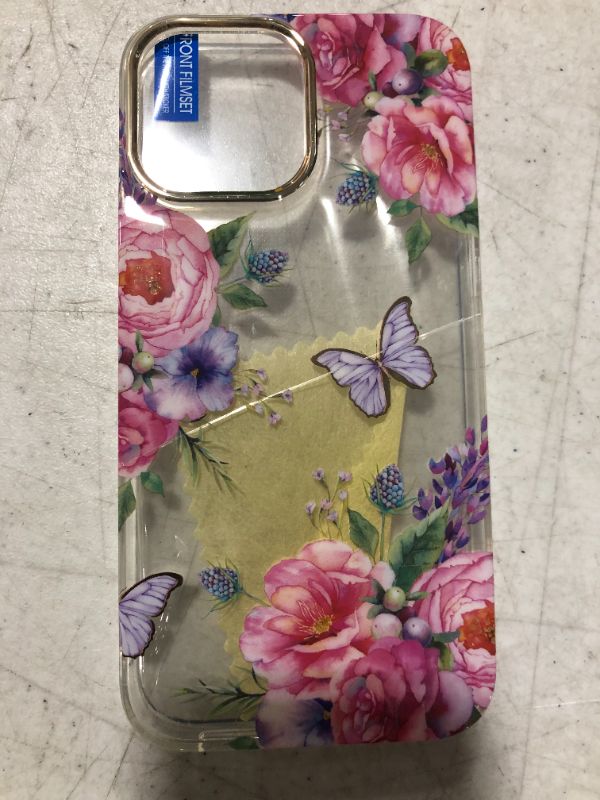 Photo 1 of blue razzberry butterfly garden iphone 12 phone case with gold rim for camera