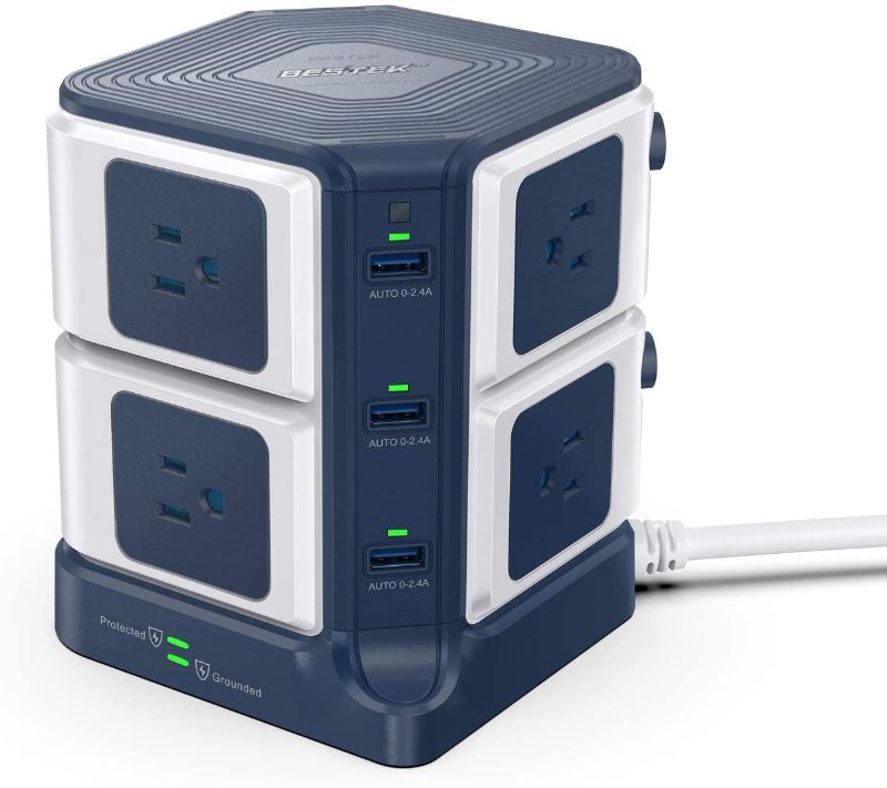 Photo 1 of BESTEK Power Strip Tower 8-Outlet and 6 Smart USB Charging Ports 1500 Joules Surge Protector with 6 Feet Extension Cord ETL Listed
