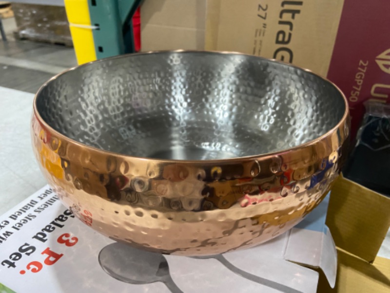 Photo 2 of 3pc Copper Accented Hammered Salad Bowl with 2 Serving Utensils - Complete With Matching Oversized Spoon and Fork - Use as a Salad Bowl, Fruit Bowl or Even For Pasta - Elegant and Stylish Serving Bowl

