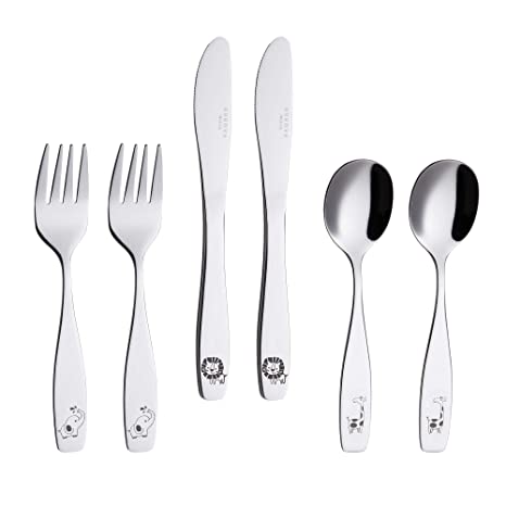 Photo 1 of ANNOVA Kids Silverware 6 Pieces Children's Safe Flatware Set Stainless Steel - 2 x Safe Forks, 2 x Table Knife, 2 x Tablespoons, Toddler Utensils Safari, for Lunchbox (Etched Elephant, Giraffe, Lion)
