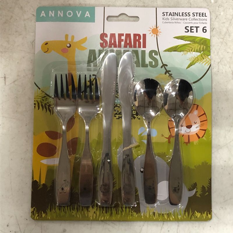Photo 2 of ANNOVA Kids Silverware 6 Pieces Children's Safe Flatware Set Stainless Steel - 2 x Safe Forks, 2 x Table Knife, 2 x Tablespoons, Toddler Utensils Safari, for Lunchbox (Etched Elephant, Giraffe, Lion)
