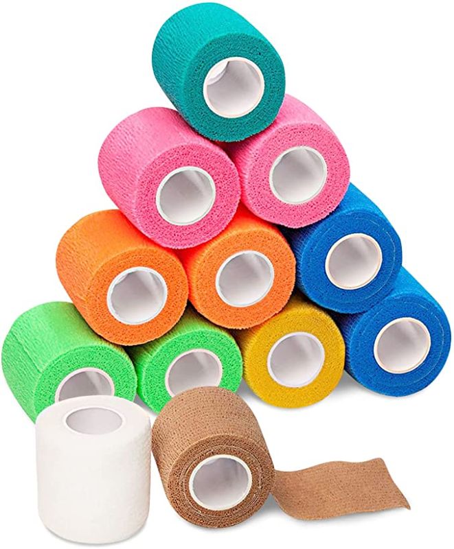 Photo 1 of  Self Adhesive Bandage Wrap - 2 inch by 5 yards Self Adhering Non Woven Cohesive Bandage Rolls (12 Pack) - Stretch Wrap - Multi Colored Neon Athletic Tape for Wrist - Medical Tape Waterproof - Vet Wrap
