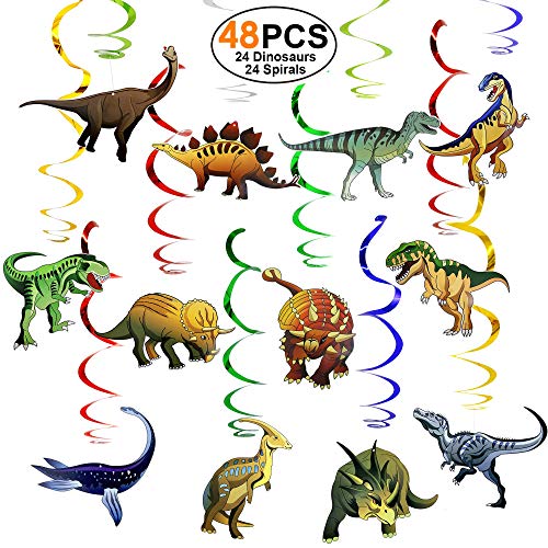 Photo 1 of Dinosaur-Party-Supplies-Birthday-Decorations 48 PCS Hanging Swirl (24 Dinosaurs 24 Spirals) Ceiling Decor Swirls for Kids Boys Girls
