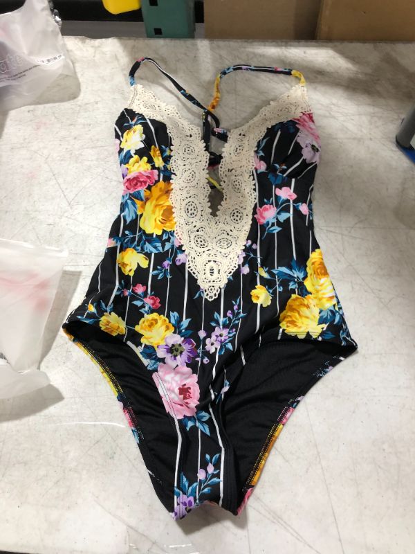 Photo 2 of Francesca Black Floral Plunge Neck Crisscross One Piece Swimsuit SMALL 