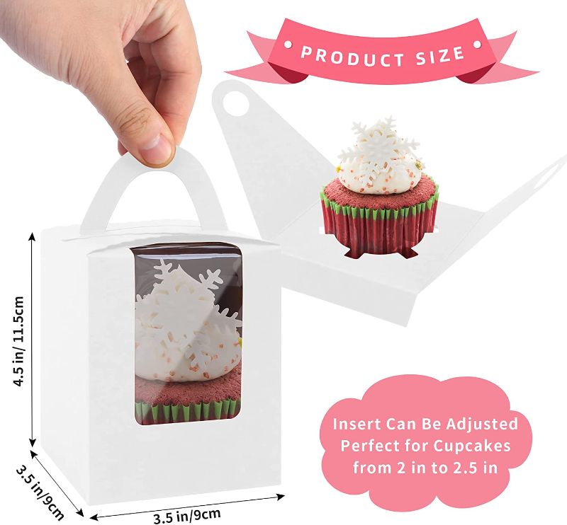 Photo 1 of 60pcs Cupcake Boxes Individual Cupcake Containers, White Single Cupcake Carriers Holder with Window Inserts Handle Perfect for Drive by Party Baby Shower
