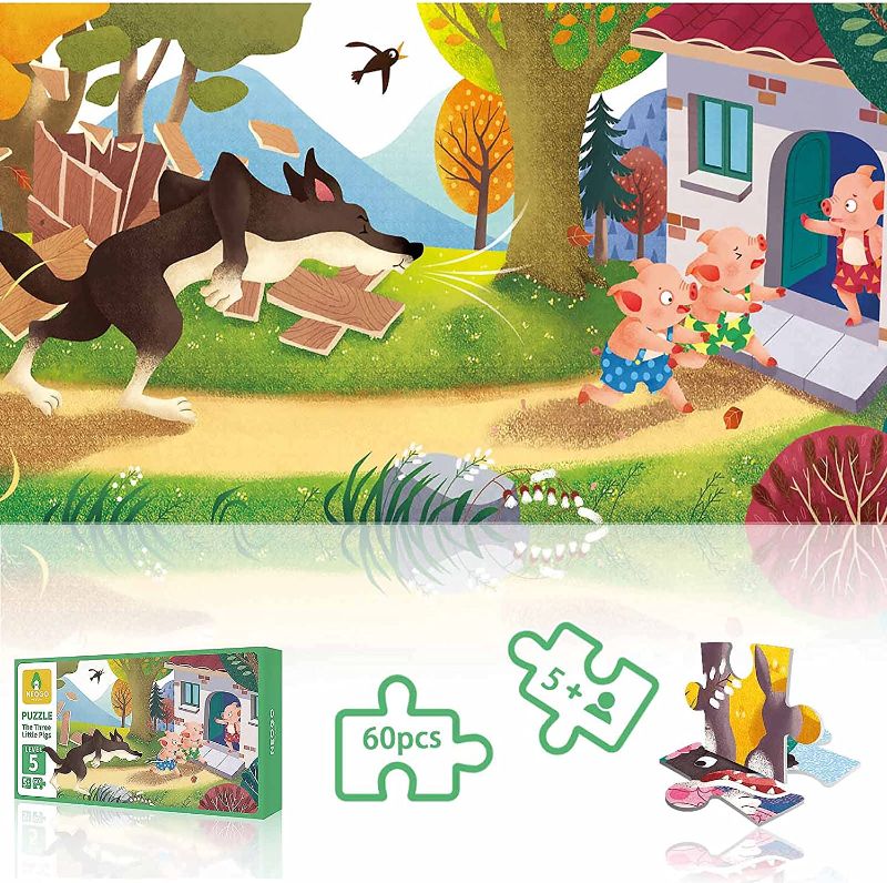 Photo 1 of SOPHRAY The Three Little Pigs 60 Pieces Puzzles for Kids Age 4-6, 5-7, 6-8, 8-10, Children Boys Girls Jigsaw Puzzle, 21.9"x7.5" Fairy Tale with Beautiful Gift Box
