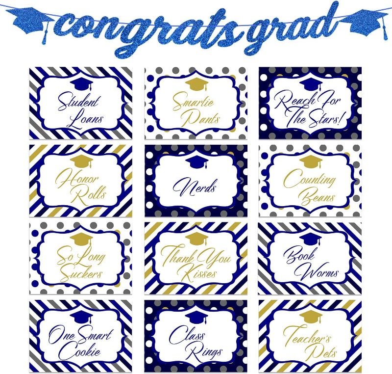 Photo 1 of 2022 Graduation Decorations Party Supplies kit- Navy Blue Glitter Congrats Grad Banner, 12 PCS Graduation Label Tent Cards for Buffet Table Candy Bar, 2022 Grad Graduate Party Favors Supplies

