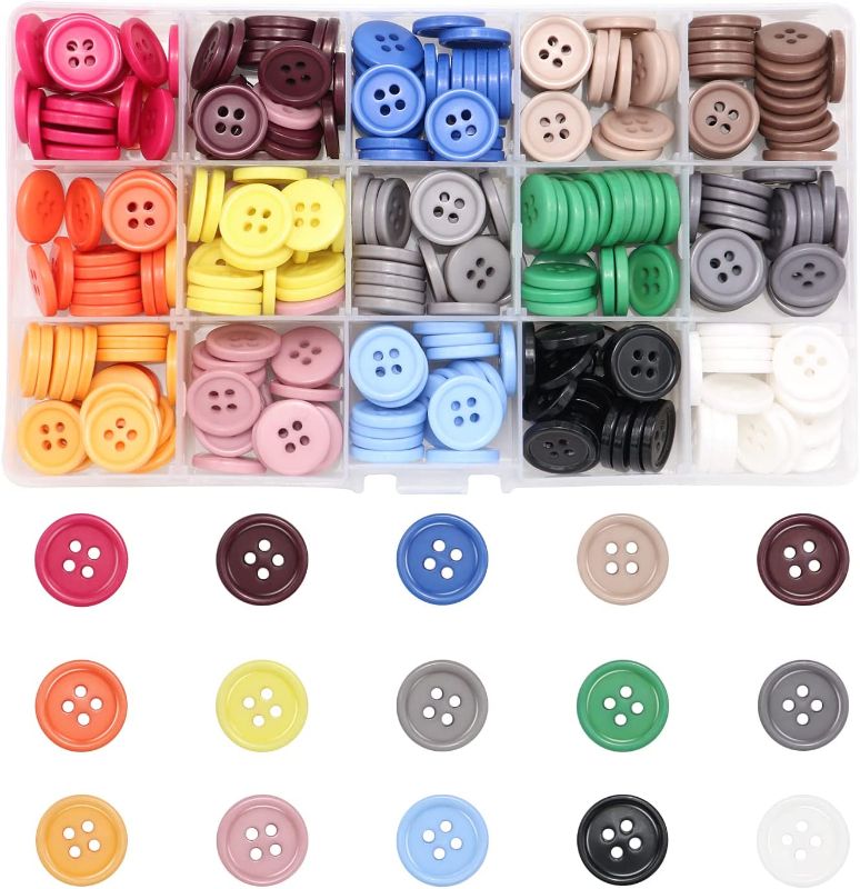 Photo 1 of Hegebeck 300pcs Colorful Buttons Assorted Sizes for Craft, 15 Colors Mixed Sewing Buttons with Box, 15mm Small Resin Button ,4-hole Round Resin Buttons for Children's Manual Button Painting and Sewing
