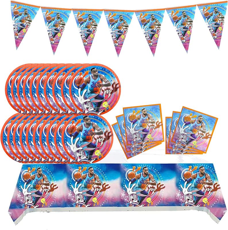 Photo 1 of 42 Pieces Birthday Party Supplies for Space Jam, Space Basketball Theme Party with 20 Napkins, 20 Plates, 1 Happy Birthday Banner and 1 Tablecloth for Kids Birthday Picnic Table Decorations
