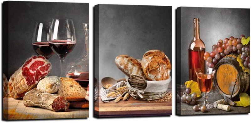 Photo 1 of Anolyfi Dinning Room Wall Art Red Wine Pictures Modern Canvas Fruit Bread Paintings, Vintage Still Life Artwork Framed Ready to Hang for Restaurant Coffee Bar Kitchen Home Wall Decor 12"x16"x3 Pieces
