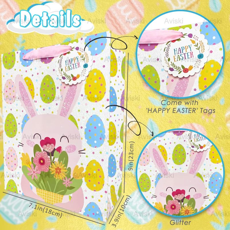 Photo 2 of 12PCS Easter Gift Bags with Handles, Glitter Printing Reusable Wrapping Bags Egg Hunt Paper Bags Treat Bag Candy Bags for Easter Event, Easter Birthday Party Favor Supplies, 9.1×7.1×3.9 inch
