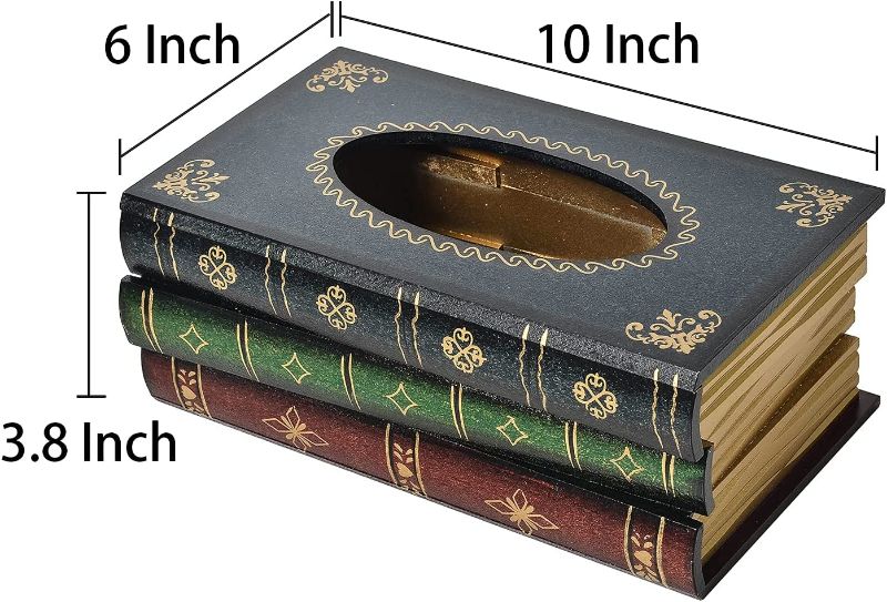 Photo 2 of Crafted Classical Retro Wooden Antique Book Tissue Box Cover Rectangular Tissue Holder Dispenser Paper Cover Case Napkin Holder Home Decor for Bathroom Living Room Office car Kitchen (Dark Green)
