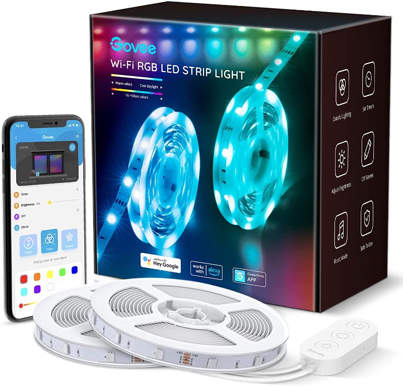Photo 1 of Govee 32.8ft LED Strip Lights Work with Alexa and Google Assistant Wireless Smart Phone APP Control Light Strip (2x5m) Music Sync RGB Tape LED Lights for Room Kitchen Home Party (Not Support 5G WiFi)
