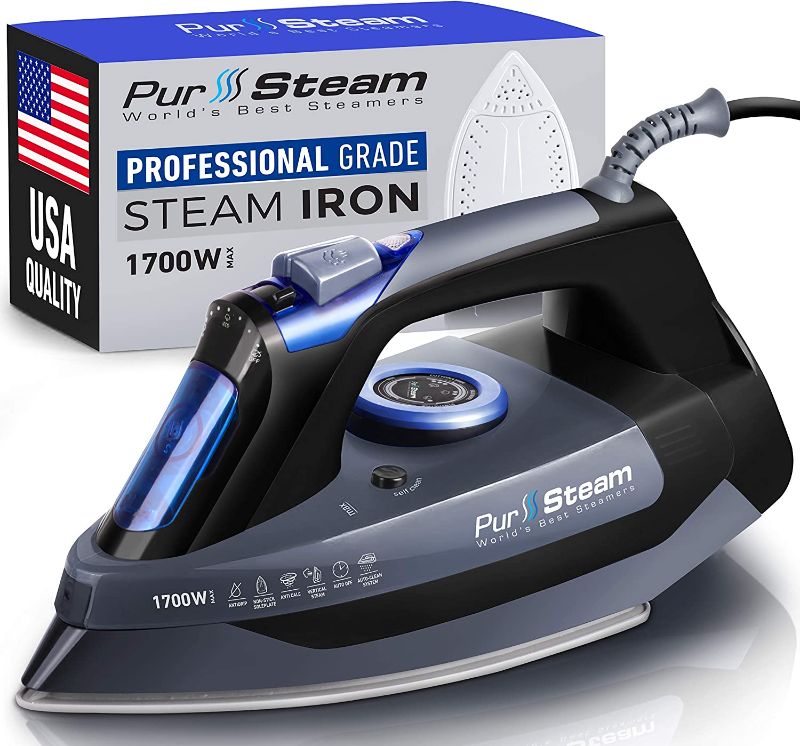 Photo 1 of 1700W Professional Grade Steam Iron for Clothes with Fast Heat Resistant Stainless Steel Soleplate, Axial Aligned Steam Holes, Self-Cleaning Feature
