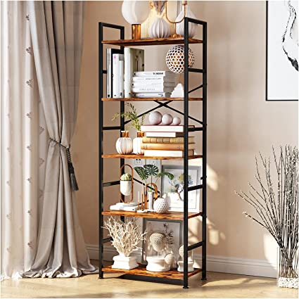 Photo 1 of 5-Tier Tall Bookcase, Rustic Wood and Metal Standing Bookshelf, Industrial Vintage Book Shelf Unit, Open Back Modern Office Bookcases
