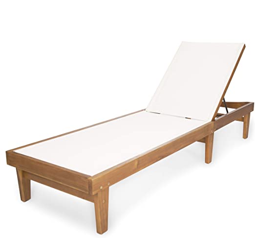 Photo 1 of Christopher Knight Home Summerland Outdoor Mesh Chaise Lounge with Acacia Wood Frame, Teak Finish / White Mesh
