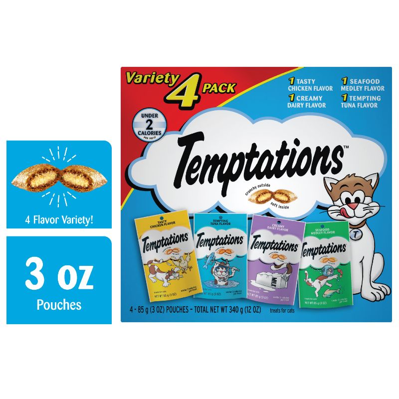 Photo 1 of BOX OF 4 - Temptations Crunchy and Soft Cat Treats Feline Favorites Variety Pack Seafood Medley, Chicken, Creamy Dairy & Tuna - 3.0 Oz X 4 Pack
